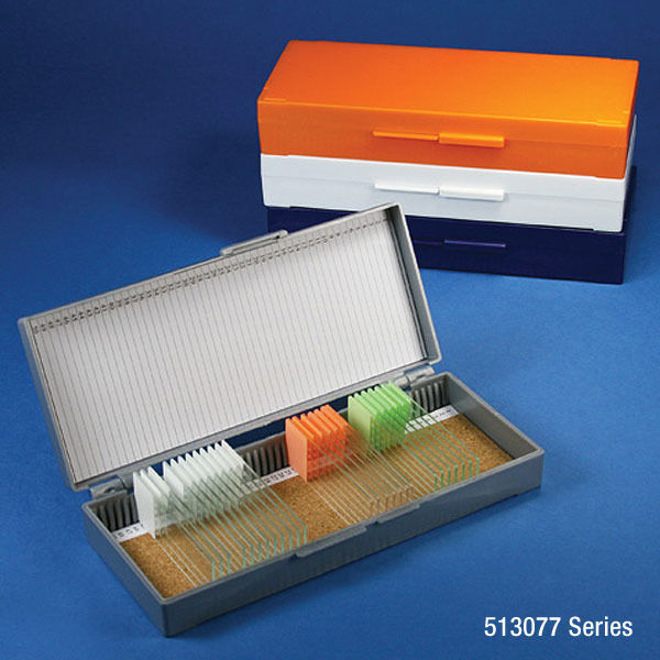 Globe Scientific Slide Box for 50 Slides, Cork Lined, 5 Assorted Colors (Gray, Blue, Dark Gray, Orange and White) Image